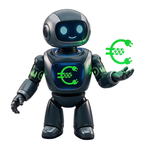 como funciona o simulador de luz e gás do simuladoreletricidade.pt - imagem da nossa mascote, o Watty, com o logotipo do site, que é um símbolo de euro em que as duas barras centrais foram substituídas por dois raios de eletricidade