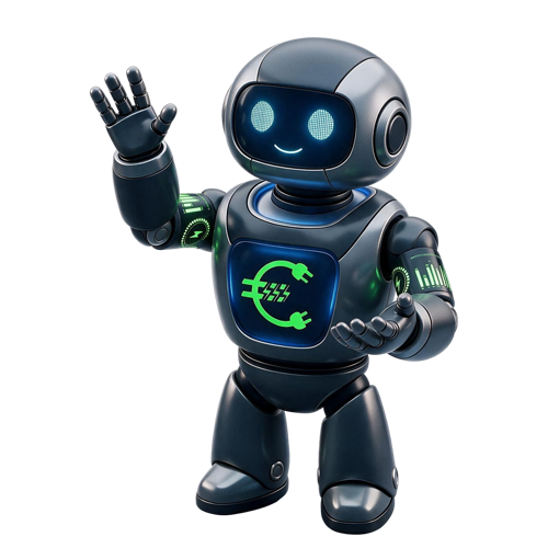 conheça o Watty, a mascote do simuladoreletricidade.pt - O watty é um simpático robot em tons de cinza azulados com o logo do simulador num e3crã ao peito e com uma cara humanizada, amena, simpática e alegre. Nesta imagem ele acena para dizer Olá aos nossos utilizadores