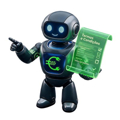 Termos e Condições do simuladoreletricidade.pt - imagem da nossa mascote, o Watty, com um símbolo de um documento que representa as normas legais do site e a forma como são efetuadas as nossas simulações de preços de energia