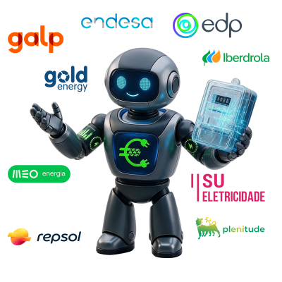 mascote Watty rodeado pelos logos dos principais fornecedores de energia em Portugal